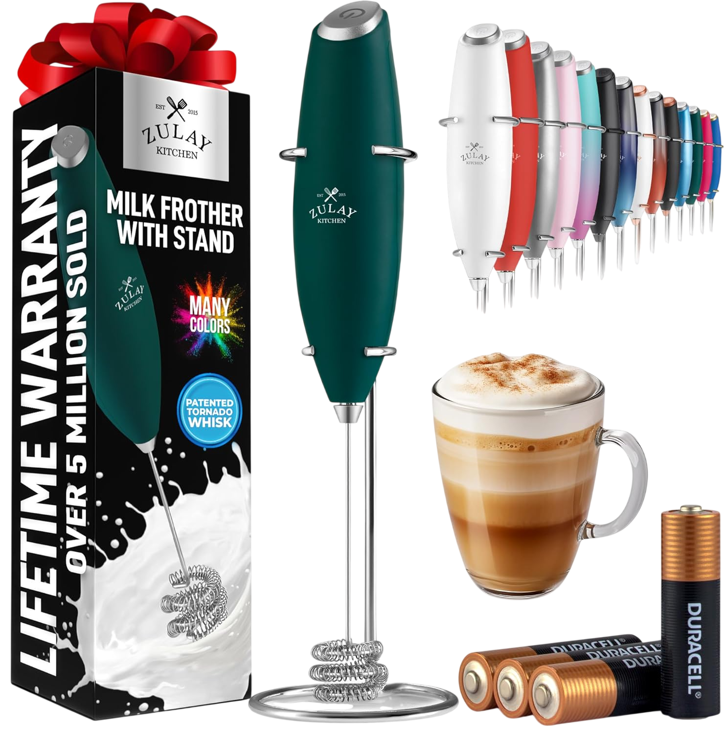 Powerful Milk Frother Wand With Duracell Batteries - Moss Green by Zulay Kitchen