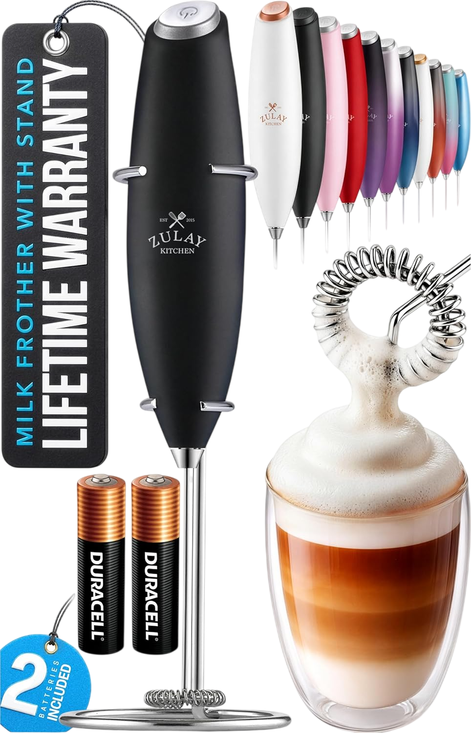 Zulay Kitchen Powerful Milk Frother Wand With Duracell Batteries - Black