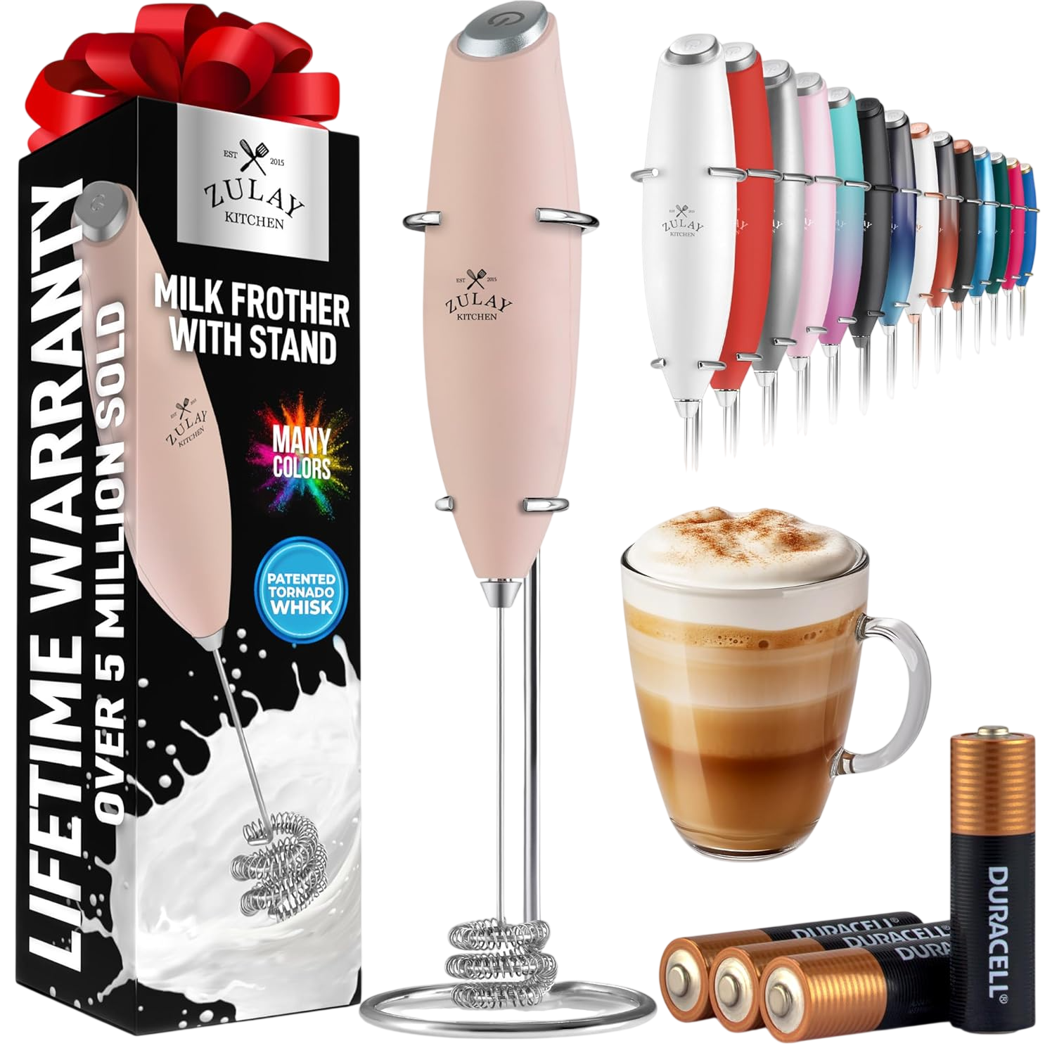 Powerful Milk Frother Wand With Duracell Batteries - Peach Pink