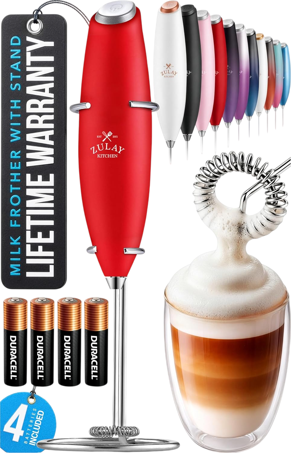 Powerful Milk Frother Wand With Duracell Batteries - Cardinal Red