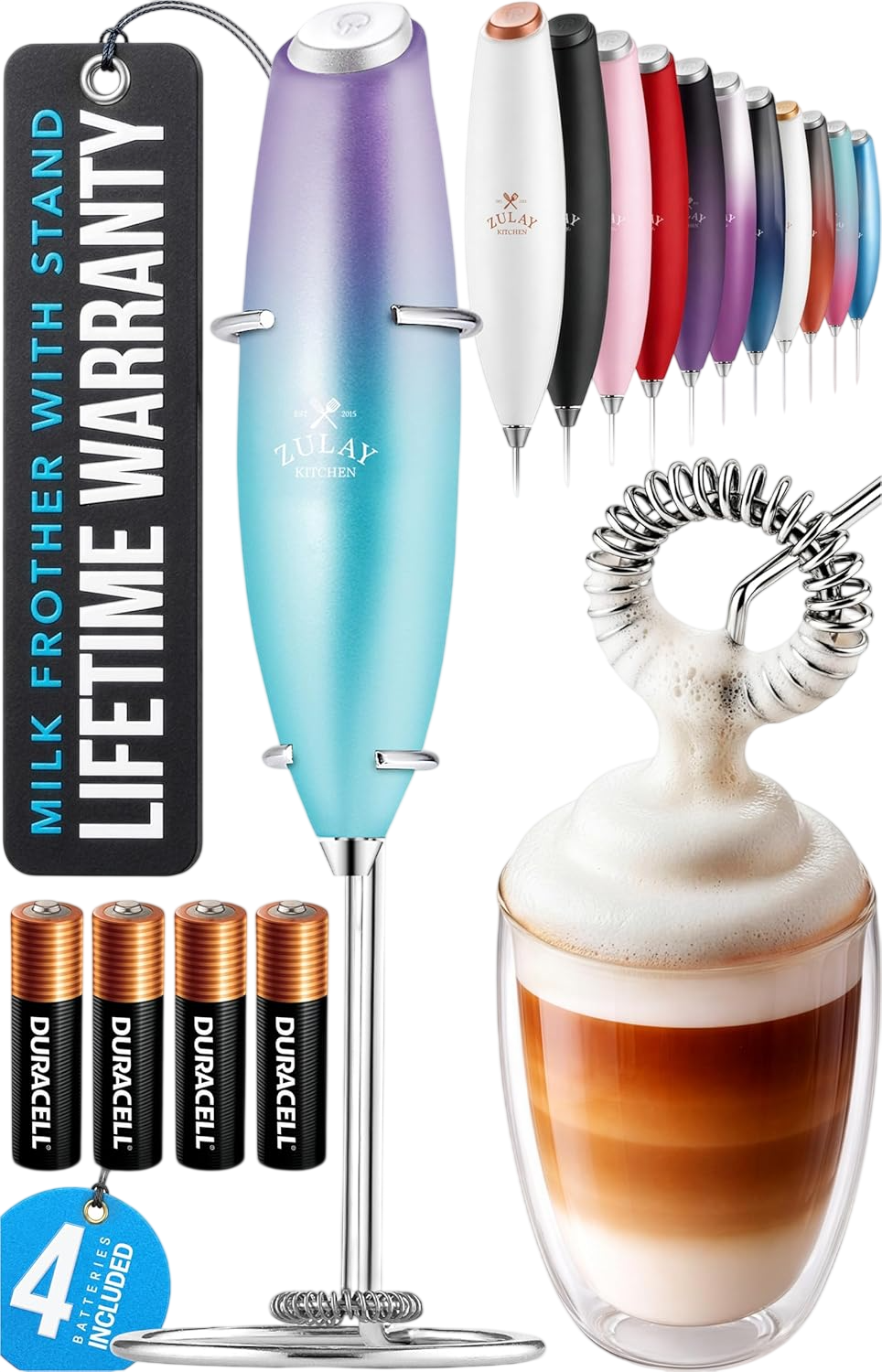 Powerful Milk Frother Wand With Duracell Batteries - Borealis by Zulay Kitchen